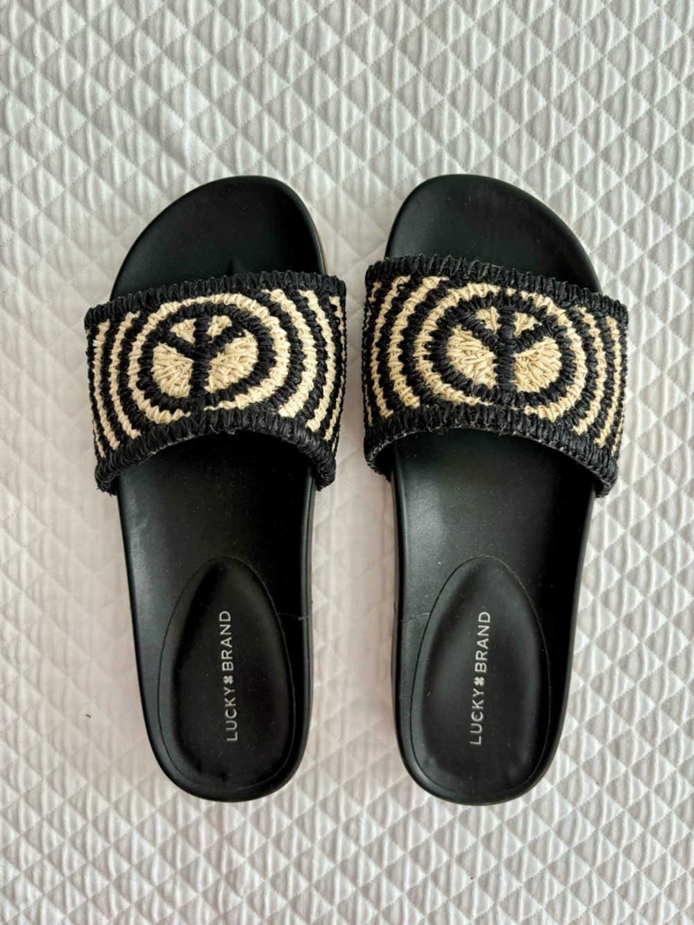 Lucky Brand Black and Natural Woven Slide Sandals